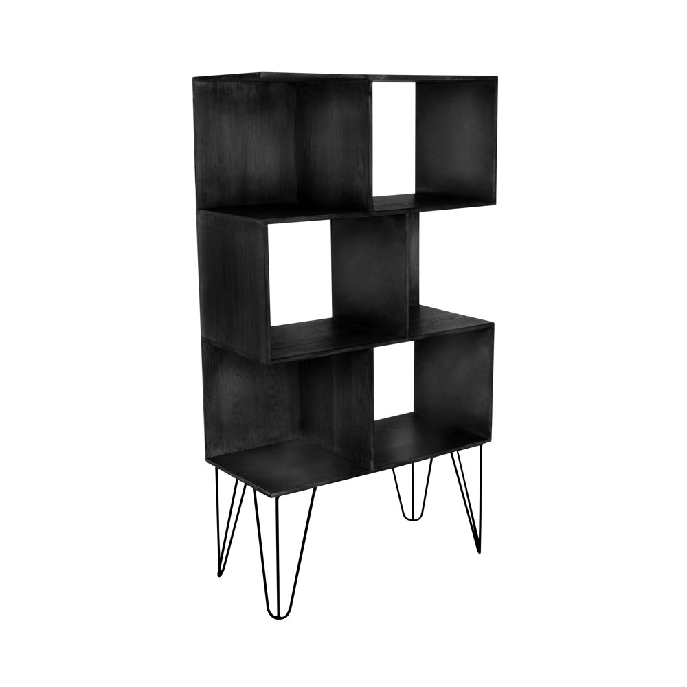 Decmode Modern 47 x 26 inch black wooden shelf unit with iron paperclip
