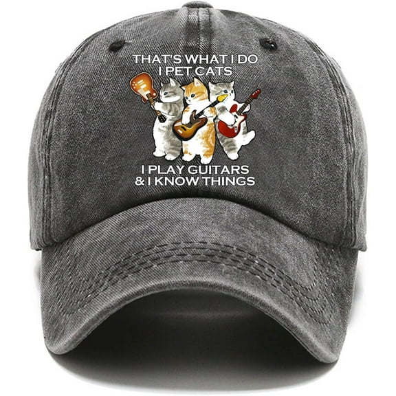 That's What I Do I Pet Cats Funny Distressed Washed Black Baseball Cap, Cute Cat Playing Guitar Vintage Adjustable Cotton Cap, Birthday Positive Thanking You Gifts for Mom Grandma Cat Lover