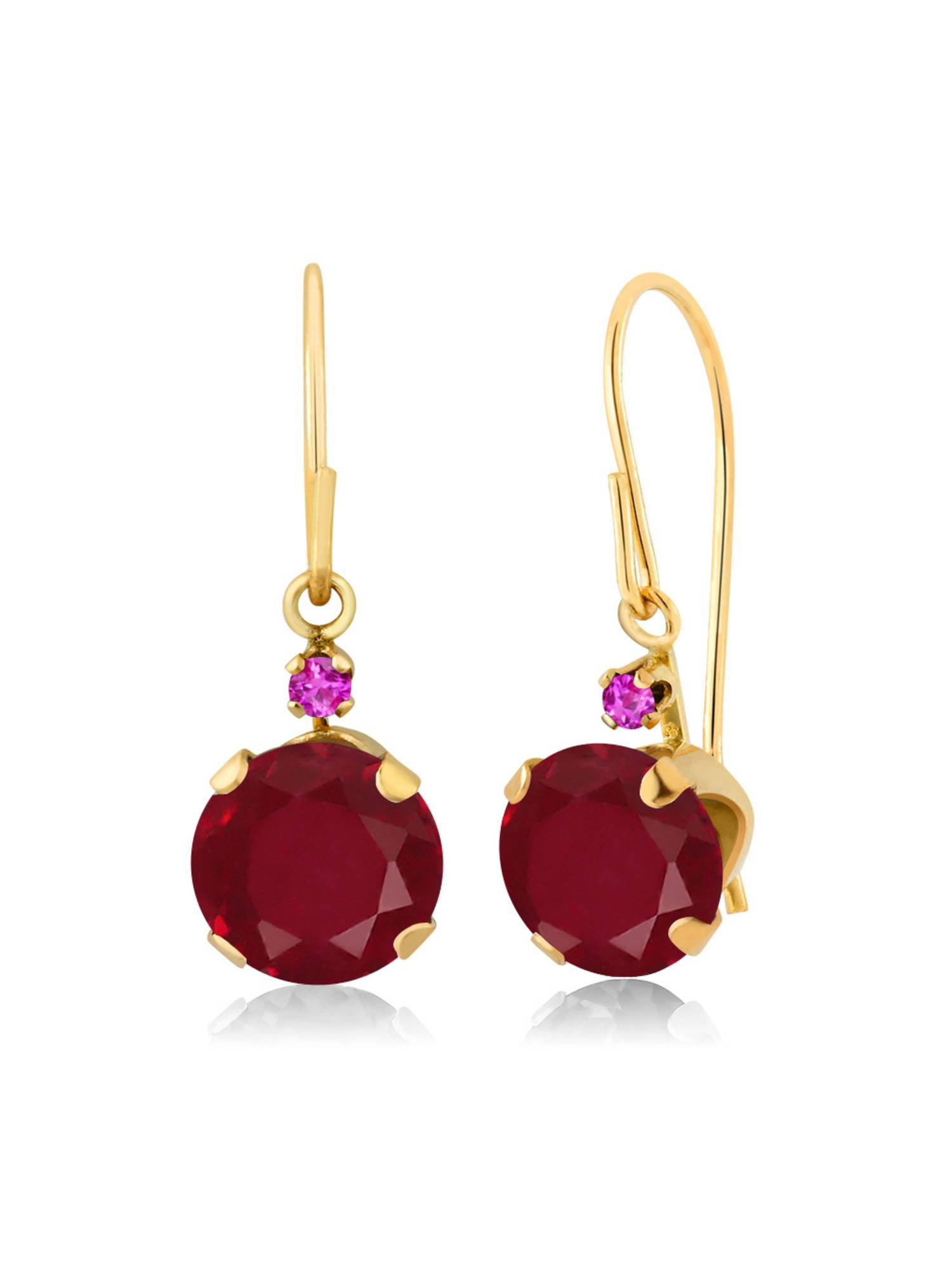 2.14 Ct Round Red Ruby Pink Sapphire 14K Yellow Gold Earrings by