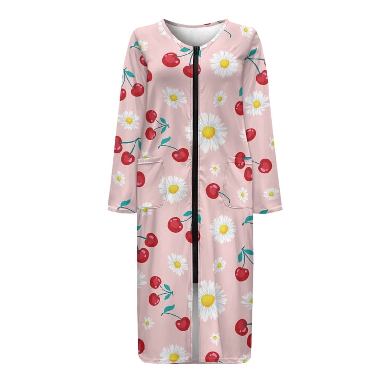 Yuyamidu Cherry Zipper Front Robes for Women Long Dressing Gown Daisy Mid-Length Robe Size 2XL Fashion Crewneck Bathrobe with Pockets Soft Long Sleeve Housecoats, Pink