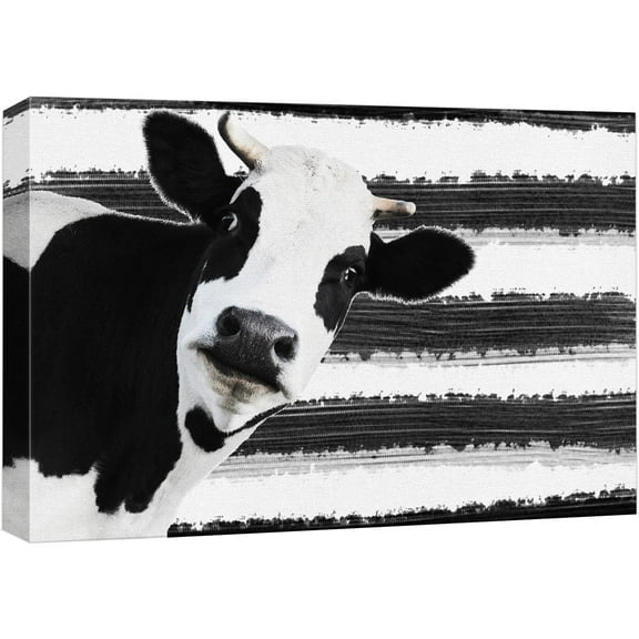 wall26 Canvas Print Wall Art Black & White Cow on Striped Paint Background Animals Wildlife Digital Art Realism Rustic Scenic Nature Photography Colorful for Living Room, Bedroom, Office - 24&quo