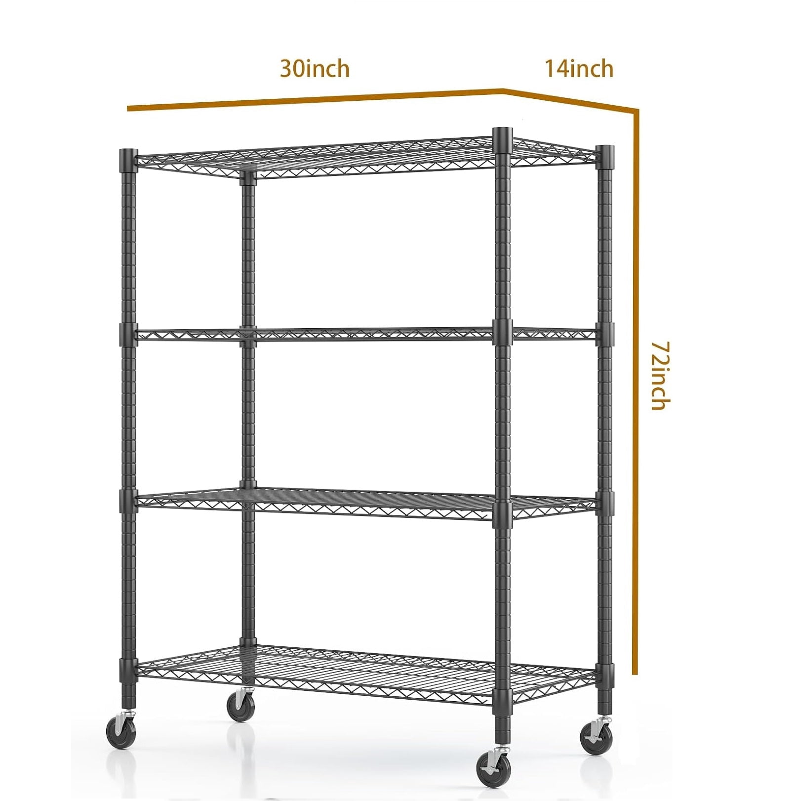Sailvan 4-Tier Heavy Duty Metal Storage Shelves with Wheels, 30"W x 14"D x 72"H, 1200LBS Capacity Adjustable Wire Shelving Unit, Black