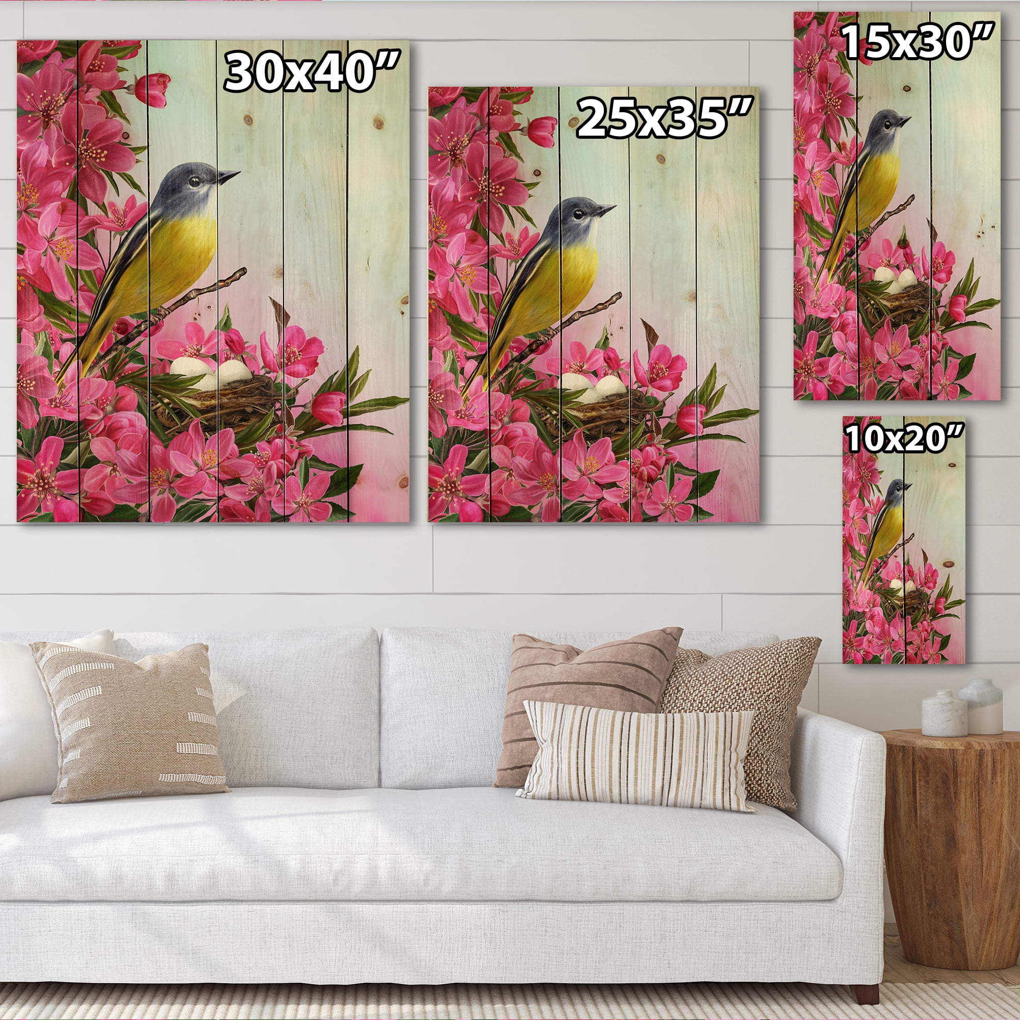 Designart 'Little Yellow Bird Near The Nest with Pink Flowers' Traditional Print on Natural Pine Wood