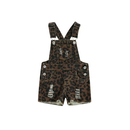 

Toddler Baby Girls Summer Casual Sling Jumpsuit Sleeveless Leopard Print Suspender Shorts Denim Overalls