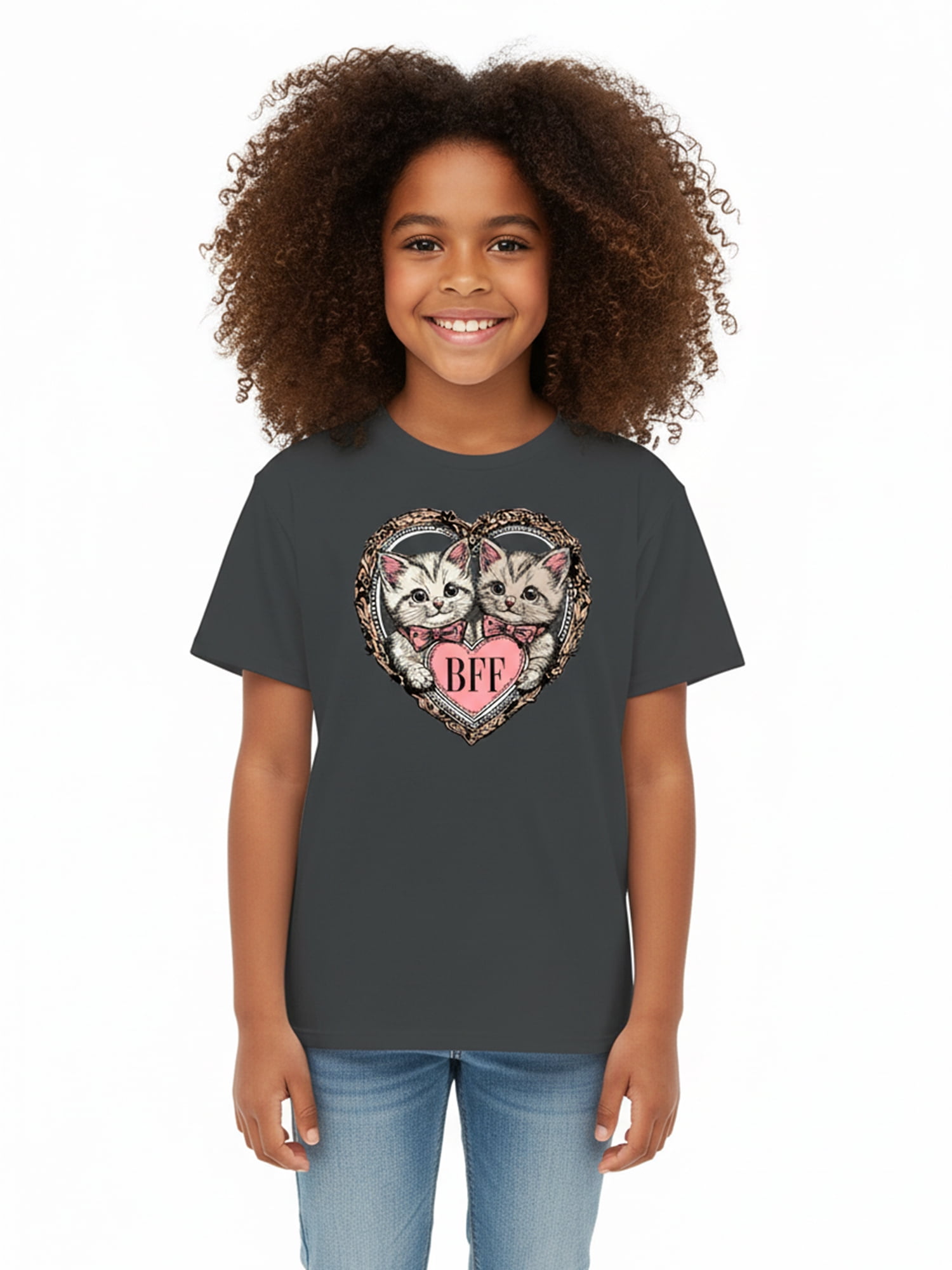 Wonder Nation Girls BFF Cats Graphic Tee with Short Sleeves, Sizes 4-18