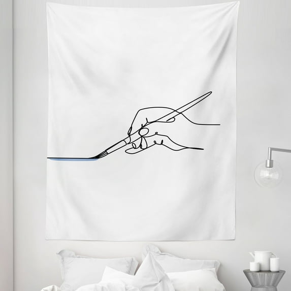 Minimalistic Tapestry, One Line Art Drawing Hand Holding a Brush Painting a Blue Line, Fabric Wall Hanging Decor for Bedroom Living Room Dorm, 5 Sizes, White and Dark Lavender, by Ambesonne