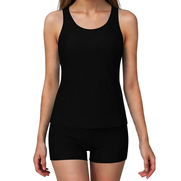 Nmnitkp Women's Tummy Control Tankini Set Swimsuits Solid Color Scoop Neck Two Piece Bathing Suits Full Coverage Swim Tank with Padded Modest Plus Size Swimwear