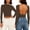Coffee plus size backless crop top a1, variant on Women Plus Size Fall Winter Round Neck Long Sleeve Backless Crop Top Basic Casual Solid Pullover Tops, Coffee S