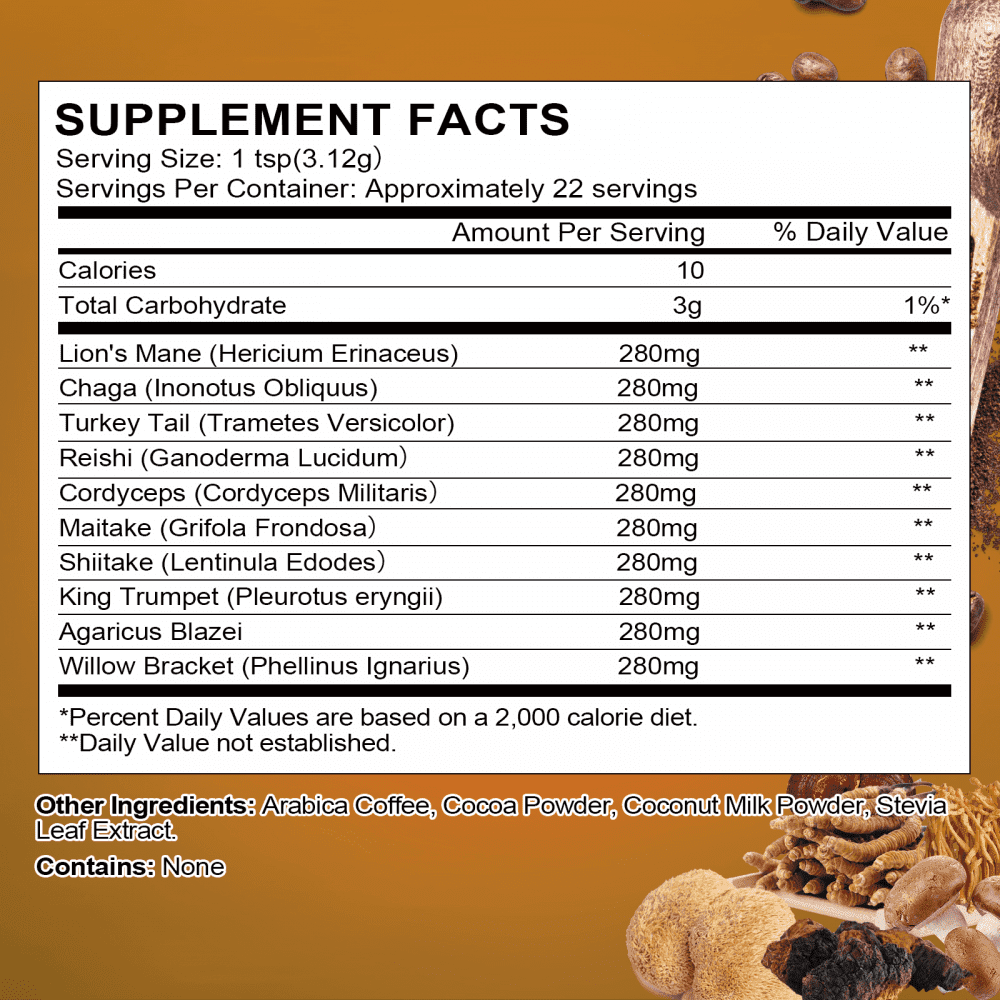 Mushroom Coffee - Organic Instant Coffee Mix with Reishi, Cordyceps, Lion's Mane, Chaga & Turkey Tail Mushrooms - Mushroom Coffee Powder for Energy & Focus, 140g/5oz, 2 PACK