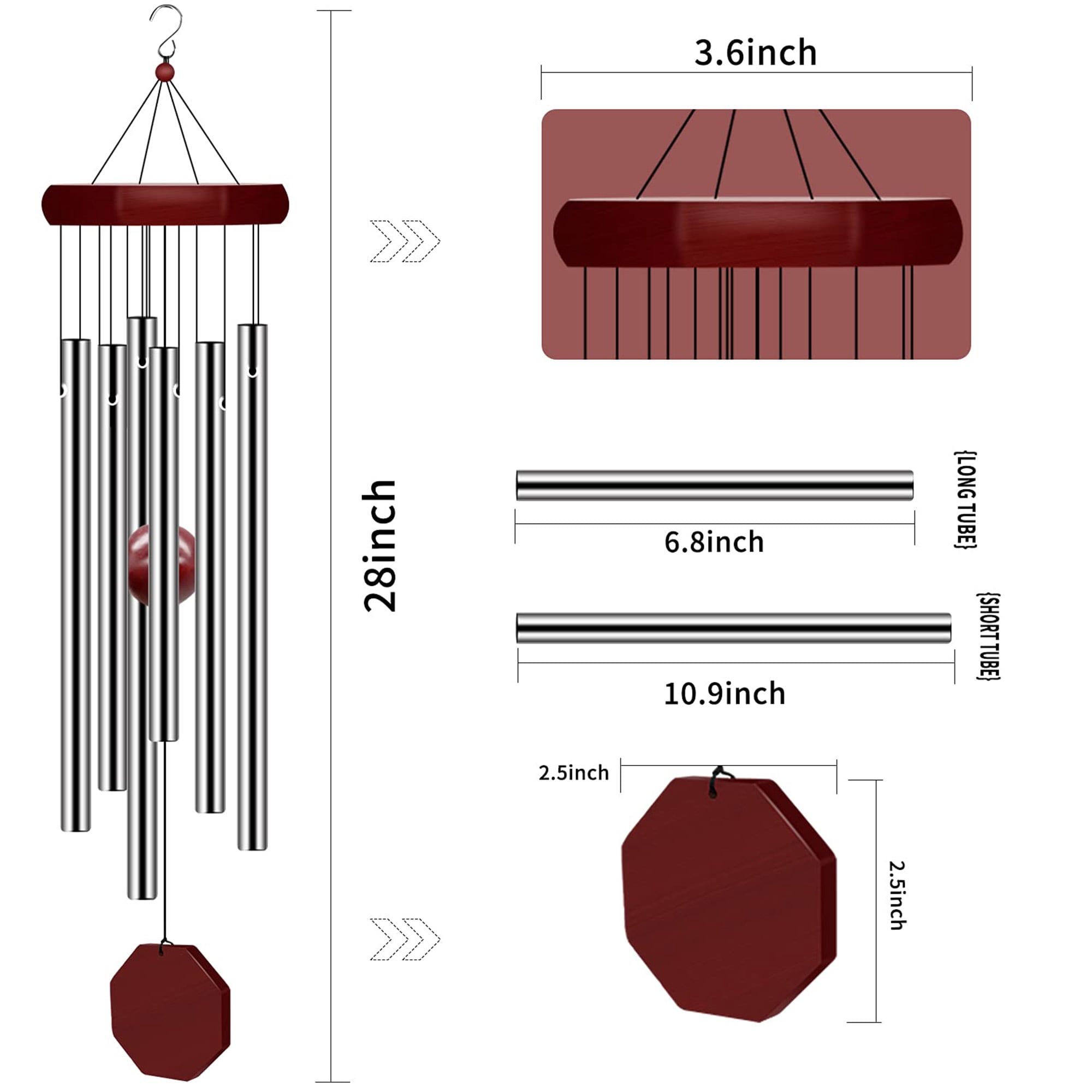 Memorial Wind Chimes, Large Deep Tone Outdoor Wind Chimes, 2 Pack Sympathy Wind Chimes with 6 Tuned Tubes, Decor for Garden, Patio, Balcony, Home, Bedroom, Living Room, Silver