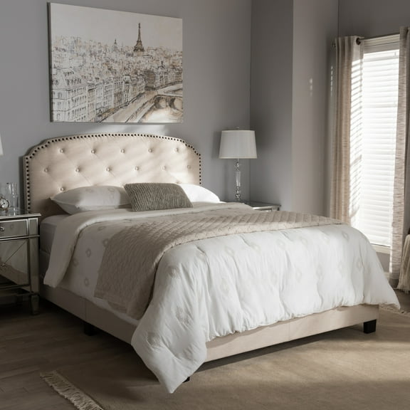 King Size Upholstered Bed - Light Beige Fabric Bedroom Furniture with Button-Tufted Headboard