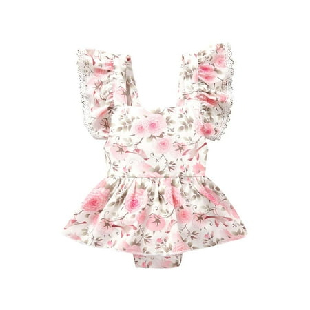 

TUOBARR Summer Toddler Baby Girl Floral Lace Flying Sleeve Strap Romper Jumpsuit Pink (0-24Months)
