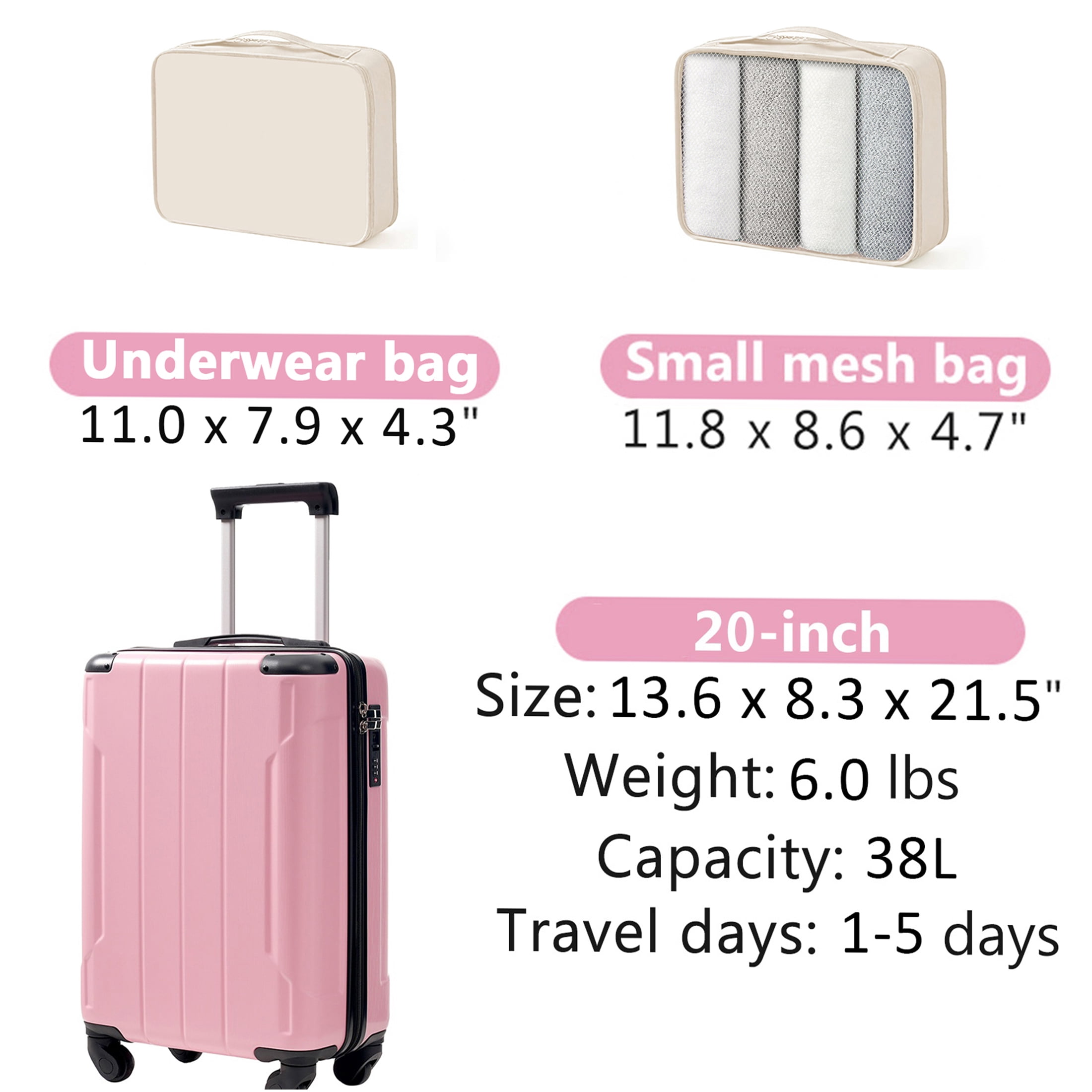 JERFIT 20-Inch Carry On Luggage with TSA Lock, Lightweight Hardshell Spinner Suitcase, 2 Packing Cubes, Pink ABS Cabin Bag for Women & Men