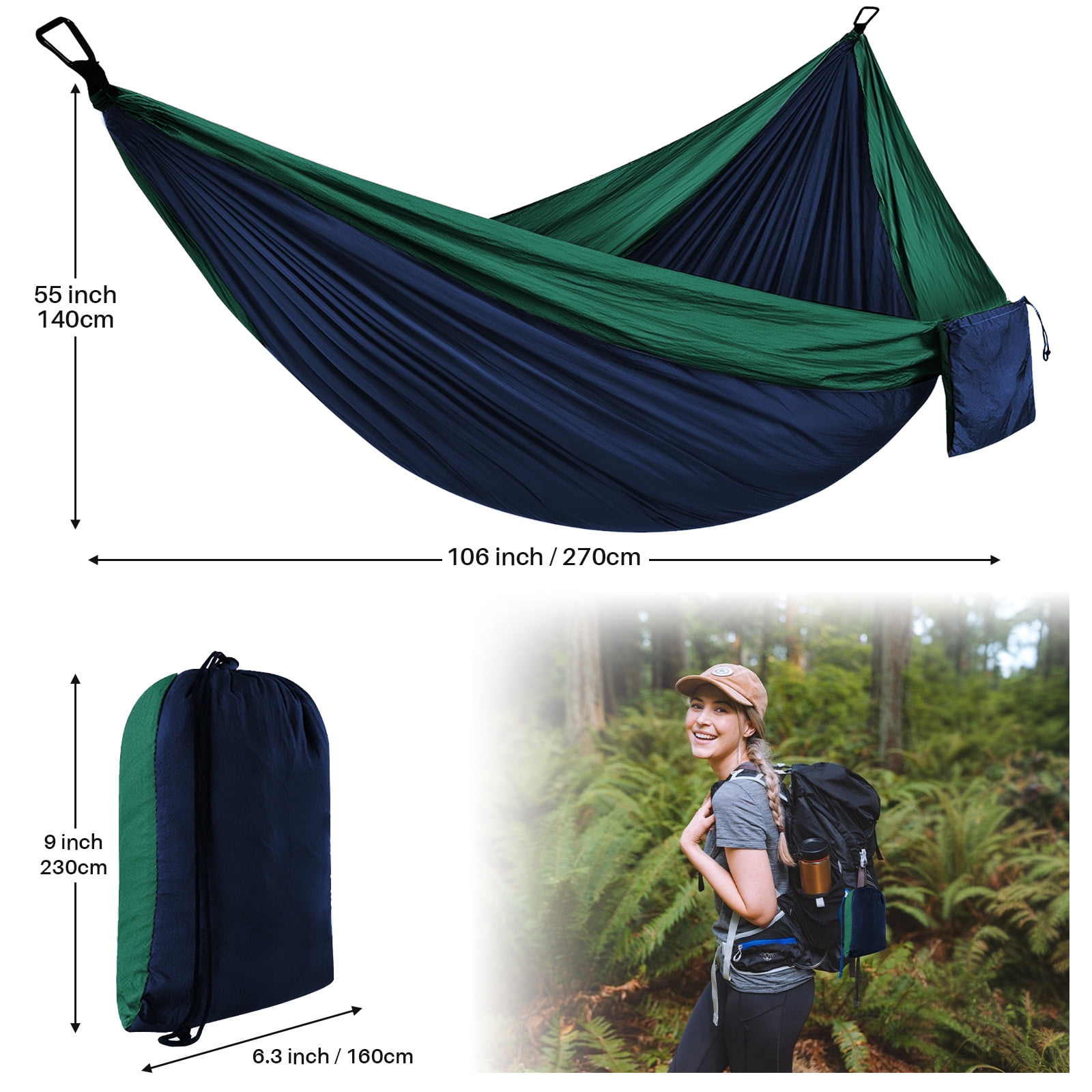 Topchances Camping Hammock, 210T Nylon Lightweight Single Hammock with 2 Tree Straps and Carry Bag, Great for Outdoor, Indoor Beach, Camping, Green & Navy