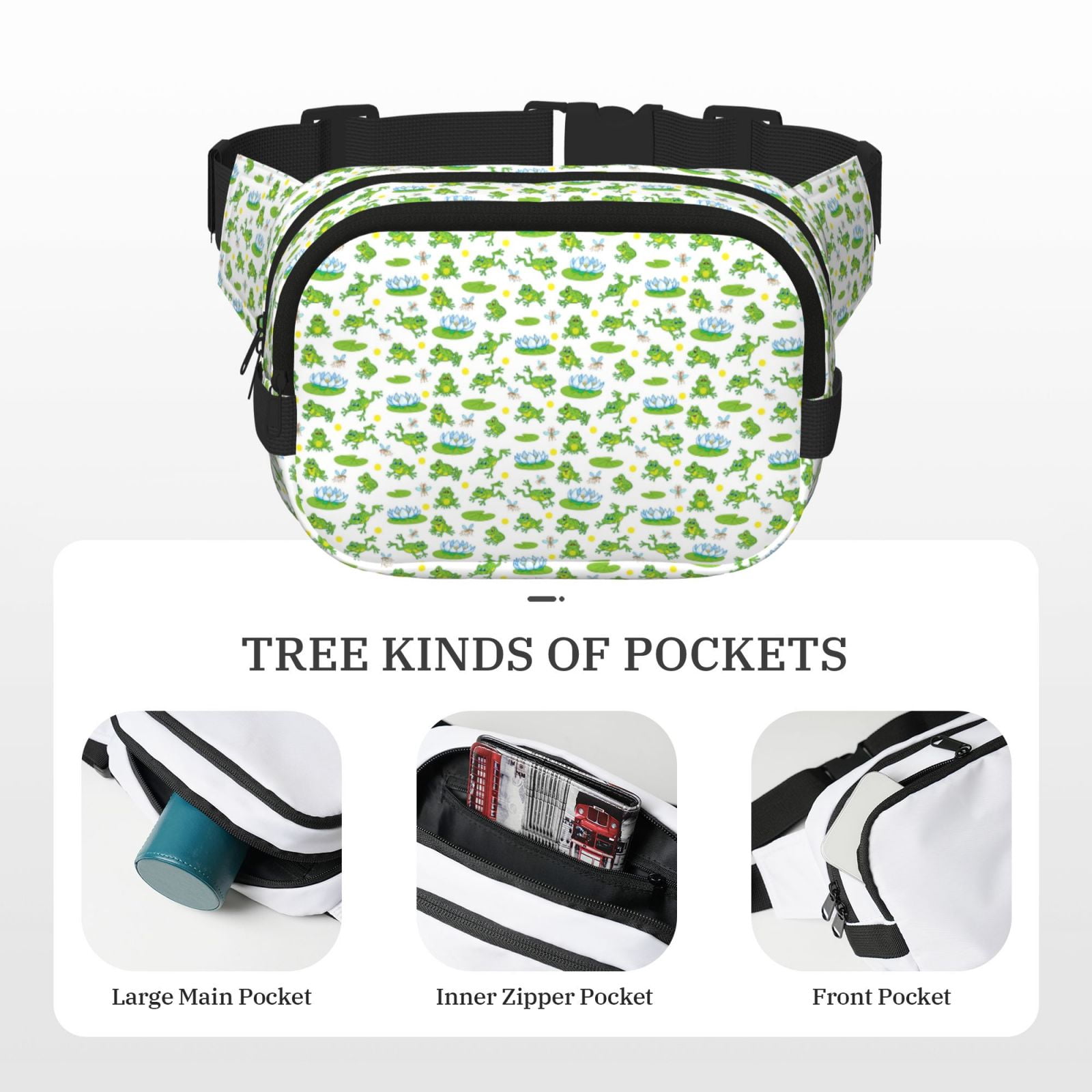 Picia Frogs Jumping Print Square Double-Layer Waist Bag Mini Adjustable Waist Belt Bag Exercise Running Travel Hiking