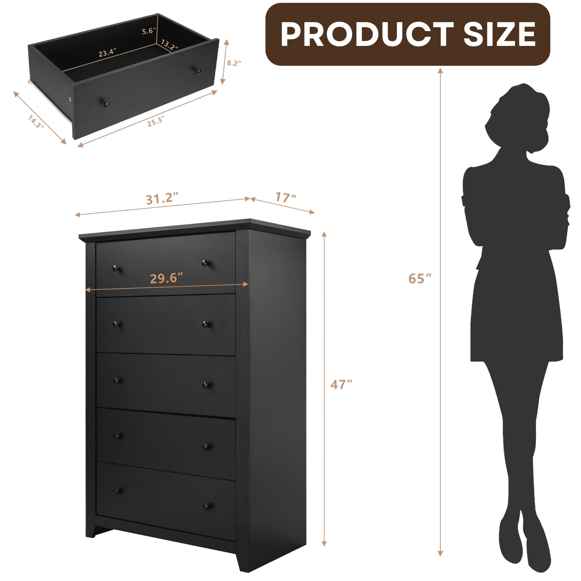 TrumanPick Black Dresser for Bedroom 5 Drawer Dresser 31.2"D x 17"W x 47"H Tall Chest of Drawers Wooden dressers for Closet Living Room