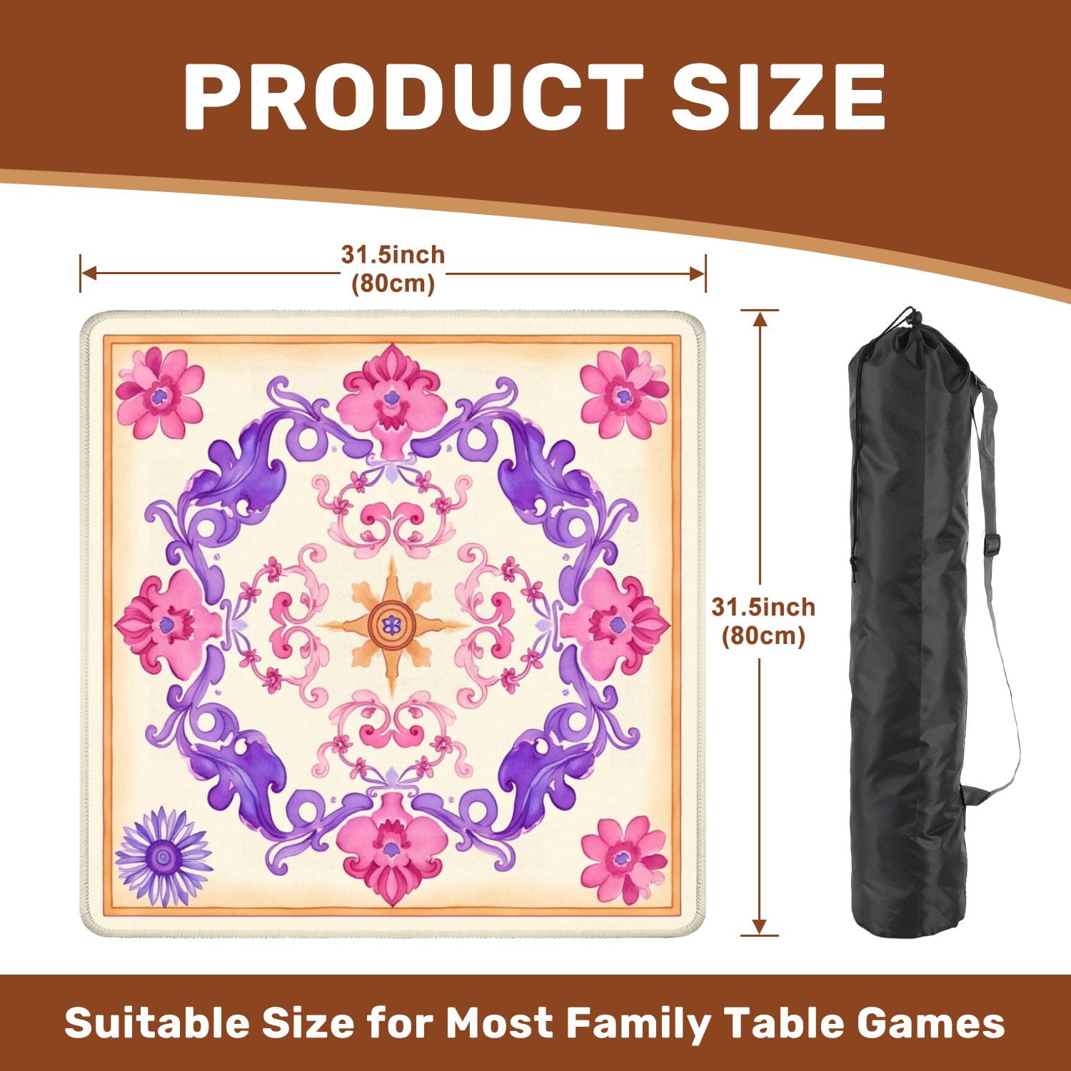 Mahjong Mat 31.5" x 31.5" Floral Mandala Purple Pink Ornaments Beige Non-Slip Noise Reduction American Mahjong Tiles Table Cover for Dominoes Poker Card Board Games Gift
