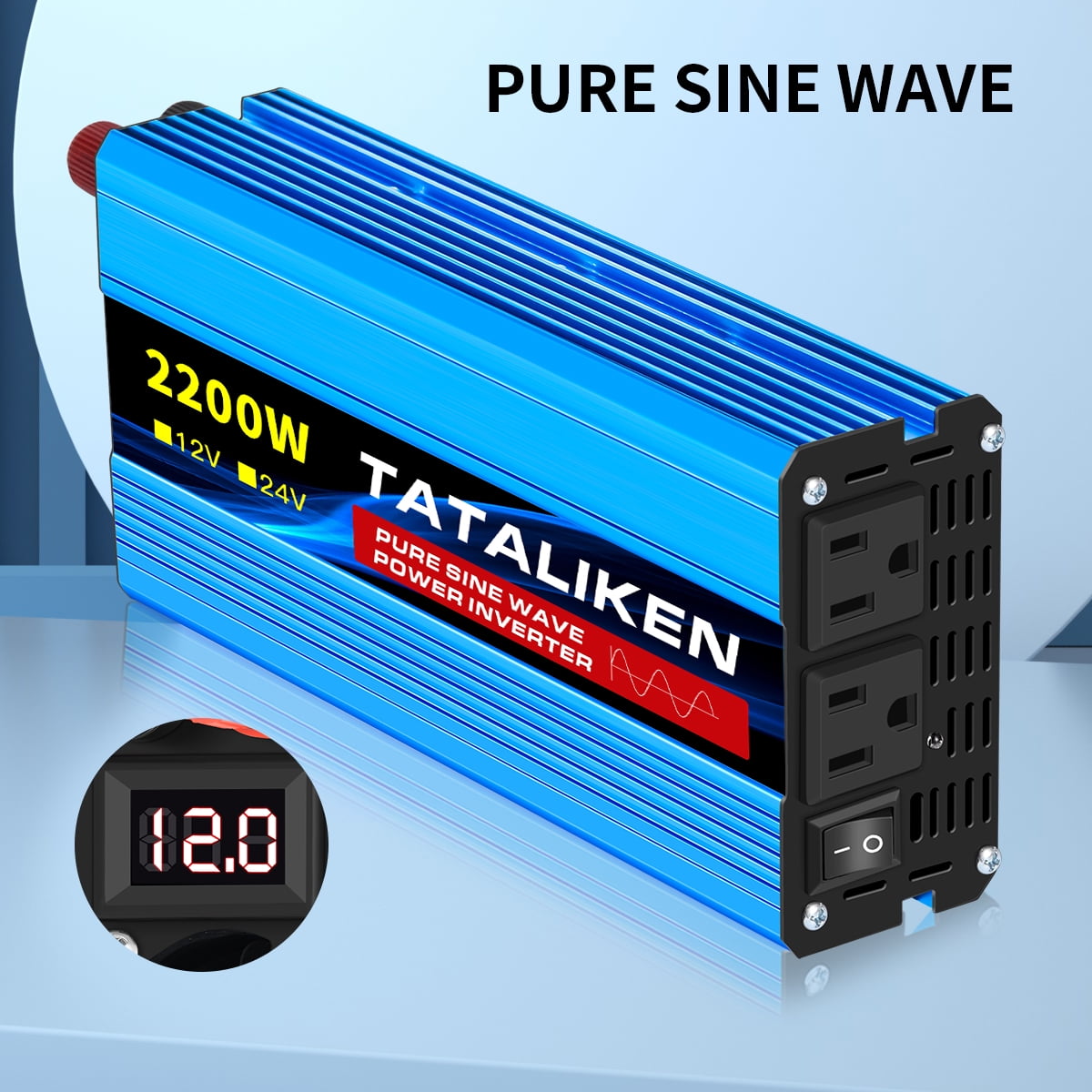 TATALIKEN 2200W（Rating power 1000 W）Pure Sine Wave Power Inverter DC 12V to AC 110V/120V Car Inverter with Battery Clamp Cable 2 AC Outlets for Power Tools Home Vehicles RV Truck, LCD Display Blue