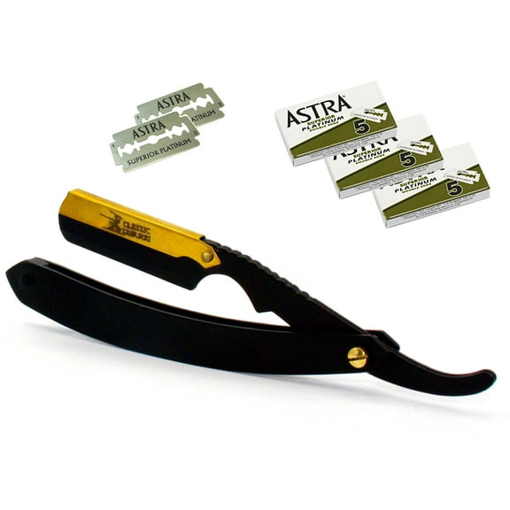 Classic Samurai CS-102 Matte Black Golden Head Stainless Steel Professional Barber Straight Edge Razor with 15 Astra Double Edge Razor Blades