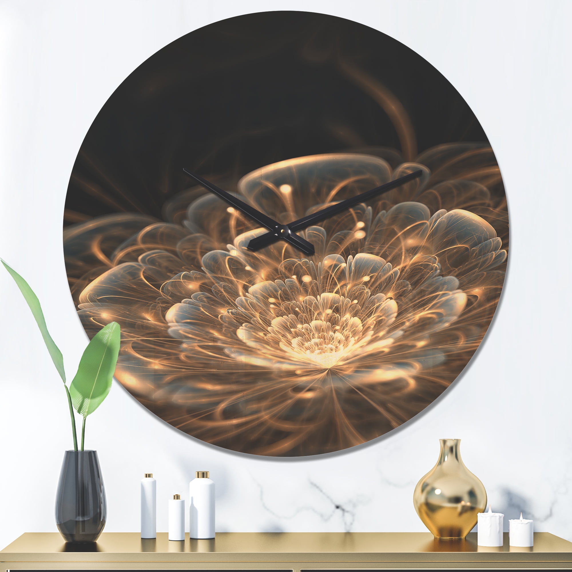 Designart 'Golden Rays With Fractal Flower' Modern Wood Wall Clock