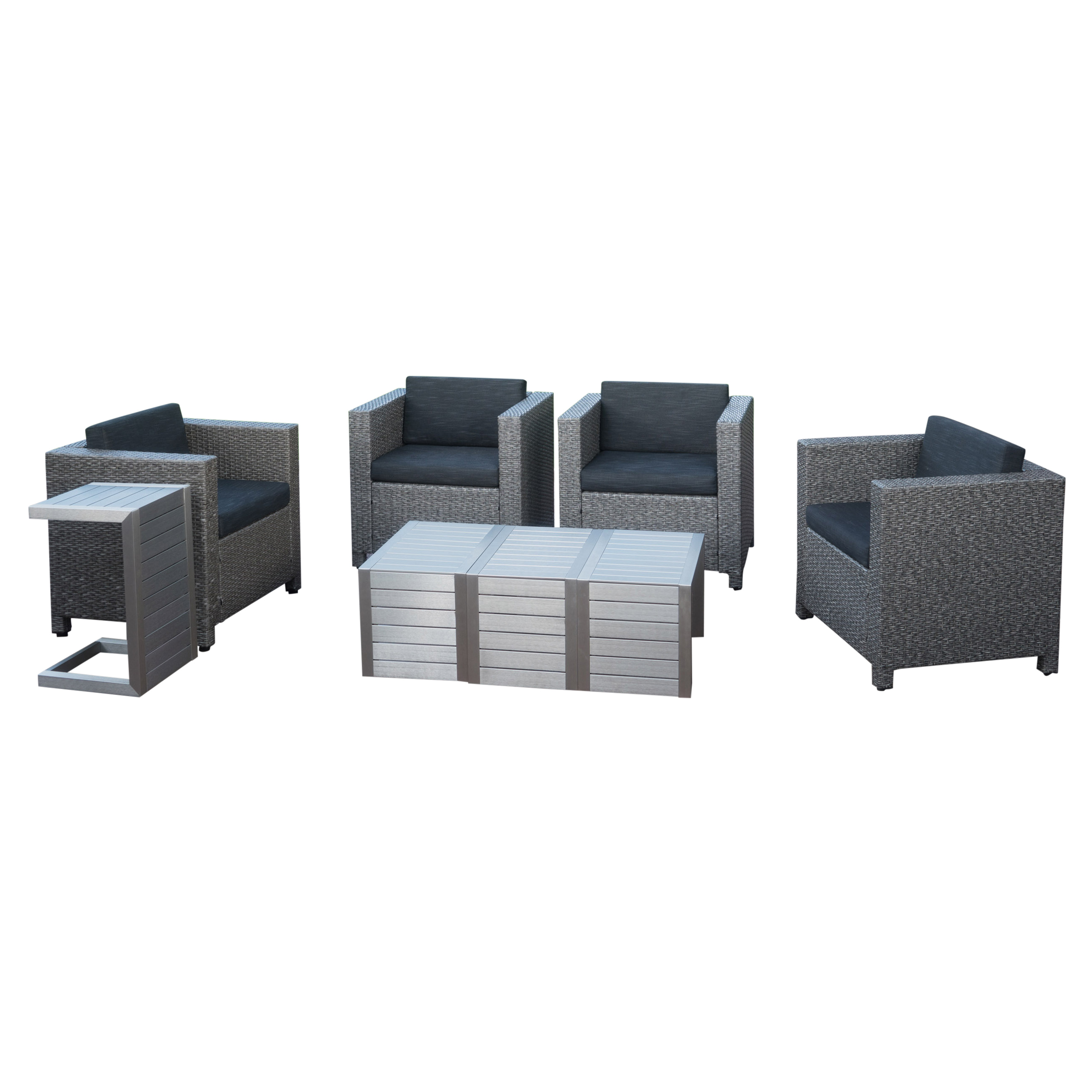 Cascada Outdoor 4 Piece Wicker Club Chairs with Cushions and C-Shaped Tables Set, Silver, Dark Grey, Mixed Black