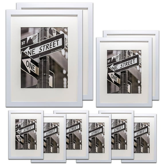 TheDisplayGuys 10pc Solid Pine Wood Tempered Glass Gallery Wall Picture Frames Set - six 5x7, two 8x10, two 11x14 - with Collage Mats & Easels (White)