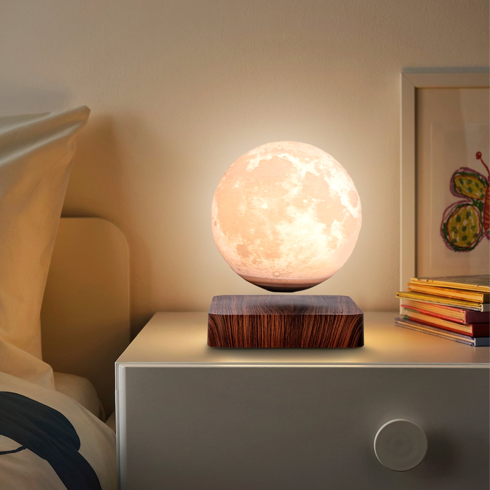 Levitating Moon Lamp with Non-Slip Mat, 3D Printing Magnetic Floating Light, LED 3 Light Colors, Spinning Moon Night Light for Home, Bedroom, Office Decor & Lighting