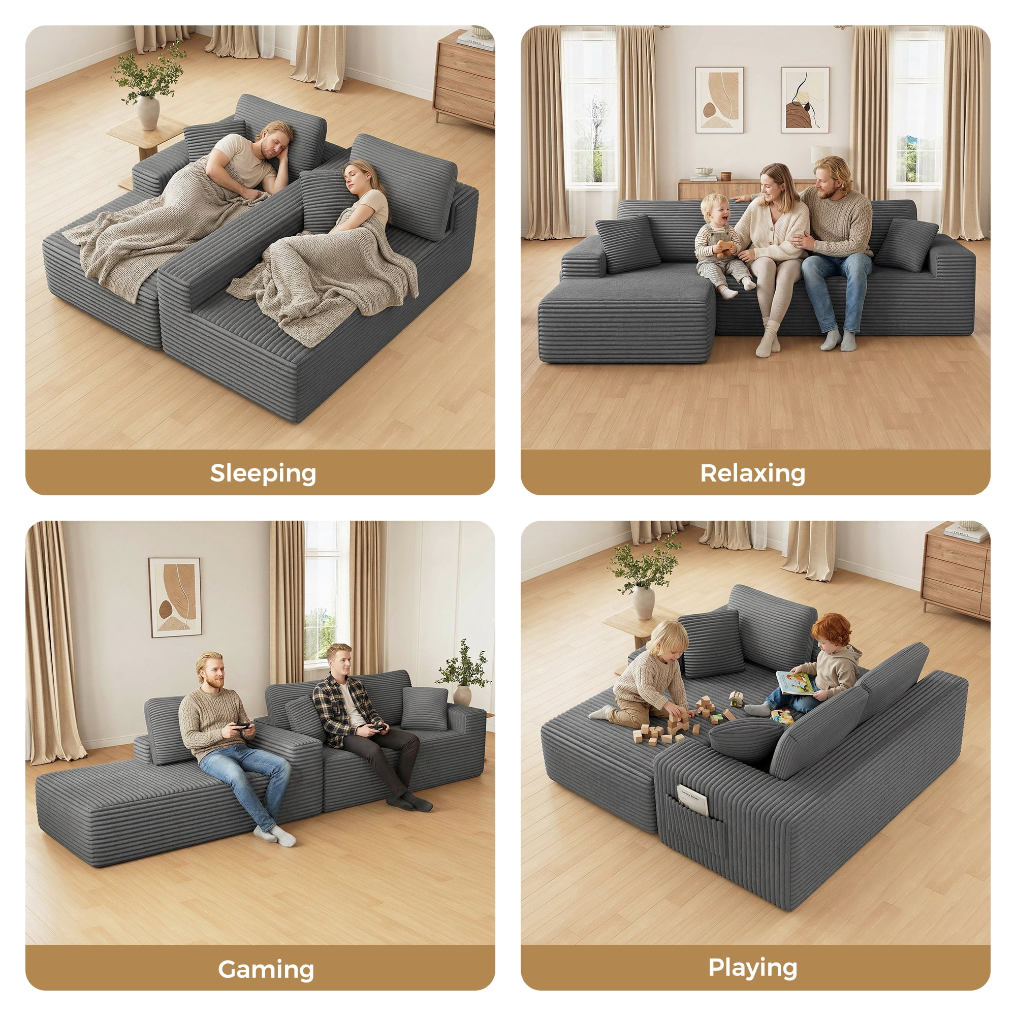 108" Boneless Sofa for Living Room, Neche Modern L-Shaped Corduroy Sectional, Modular Cloud Couch with Deep Seating Upholstered Sofa, Oversized,No Assembly, Gray