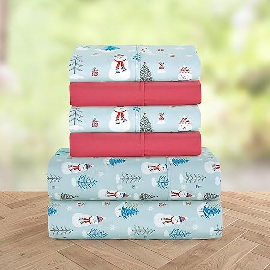 Elegant Comfort Soft 6-Piece Bed Sheets Set High-Quality Microfiber, Wrinkle & Fade Resistant, Holiday Pattern, Twin, Silver Snowman