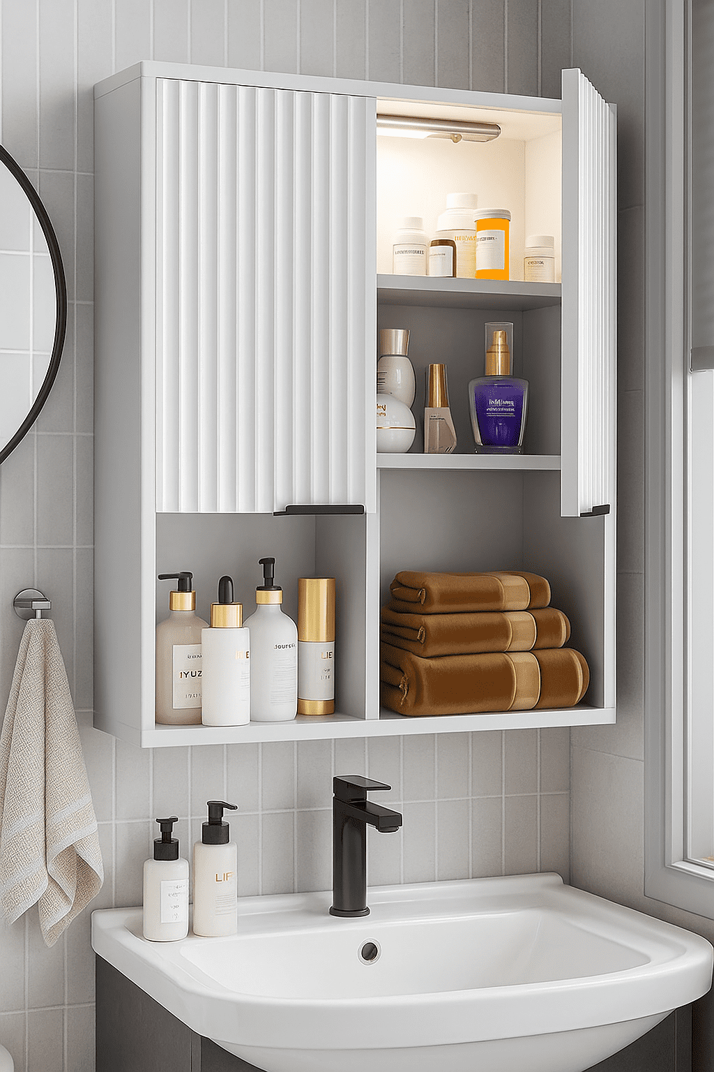 NEW Decorative Wall Cabinet with Motion Sensor LED and Adjustable Shelf for Bathroom ,Kitchen,Study (White)