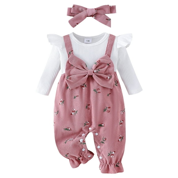 HWJAD Newborn Baby Girl Clothes Fall Winter Floral Onesie Long Sleeve Romper Infant Jumpsuit Cute Bow Outfits