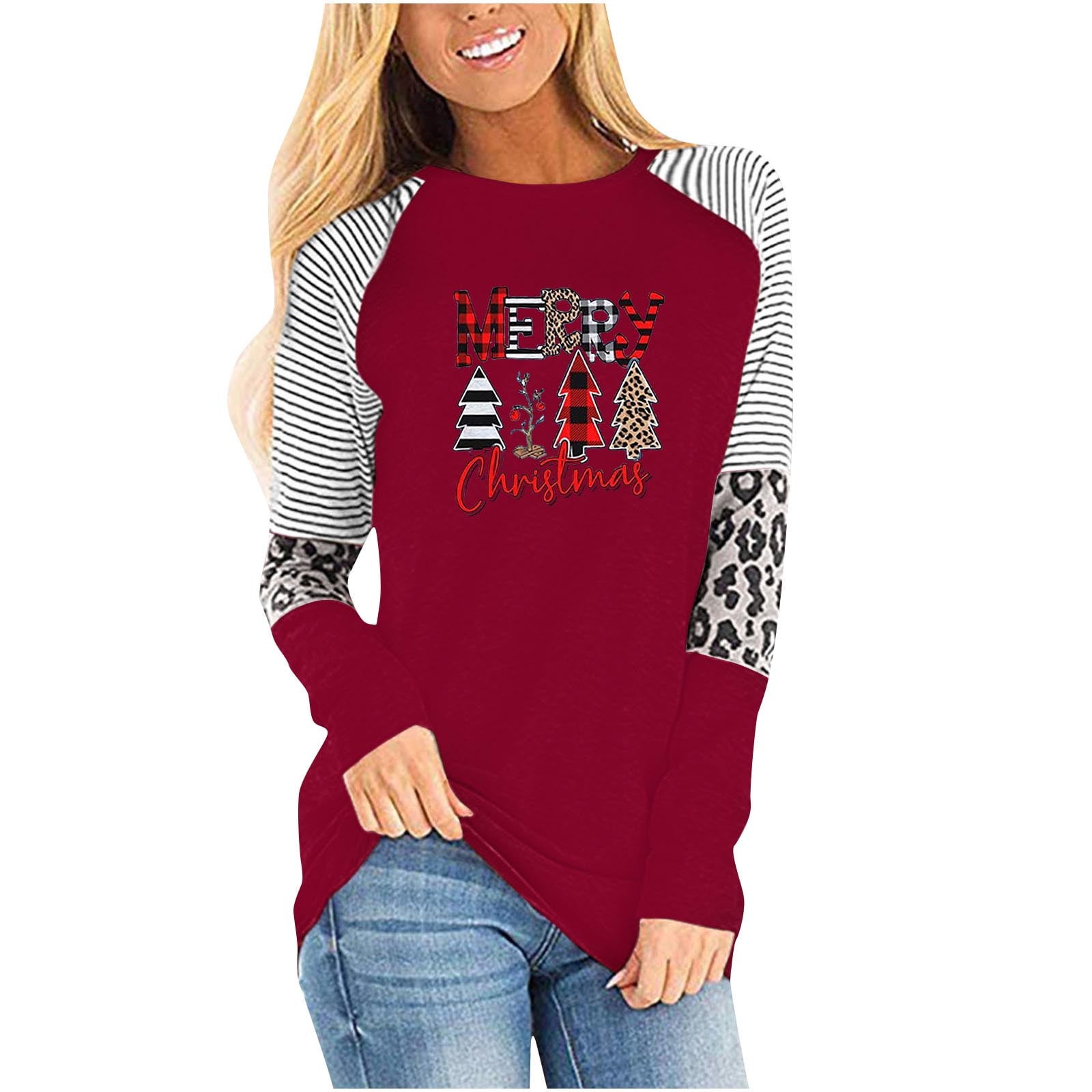 Christmas Long Sleeve Shirts for Women Merry Christmas Print T Shirt Christmas Long Sleeved Shirts