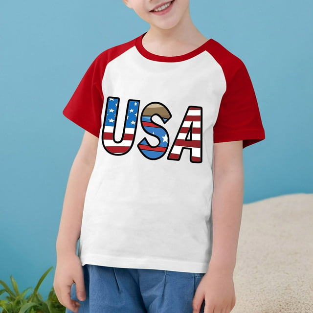 MKOSPLRT USA Chemises pour Tout-Petits Chemises Drapeau Américain Manches Courtes T-Shirts Raglan à Blocs de Couleur Col Rond T-Shirts Jour de l'Indépendance Chemises de Rentrée