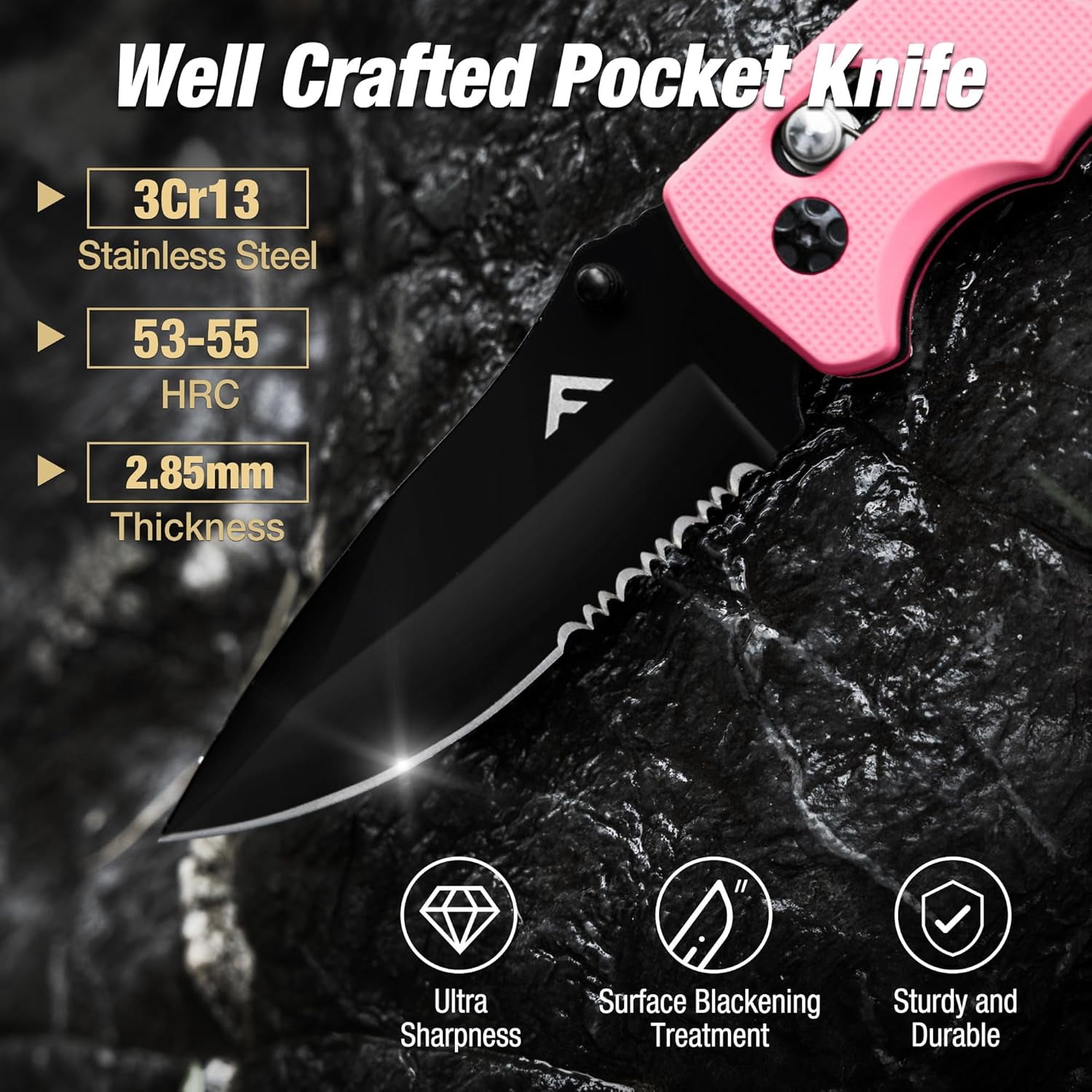 Folding Pocket Knife with Clip, Glass Breaker and Seatbelt Cutter, Survival for Emergency Rescue Situations, EDC Tactical, Hunting, Camping, Outdoor, Unique Gifts Dad, Father-Pink