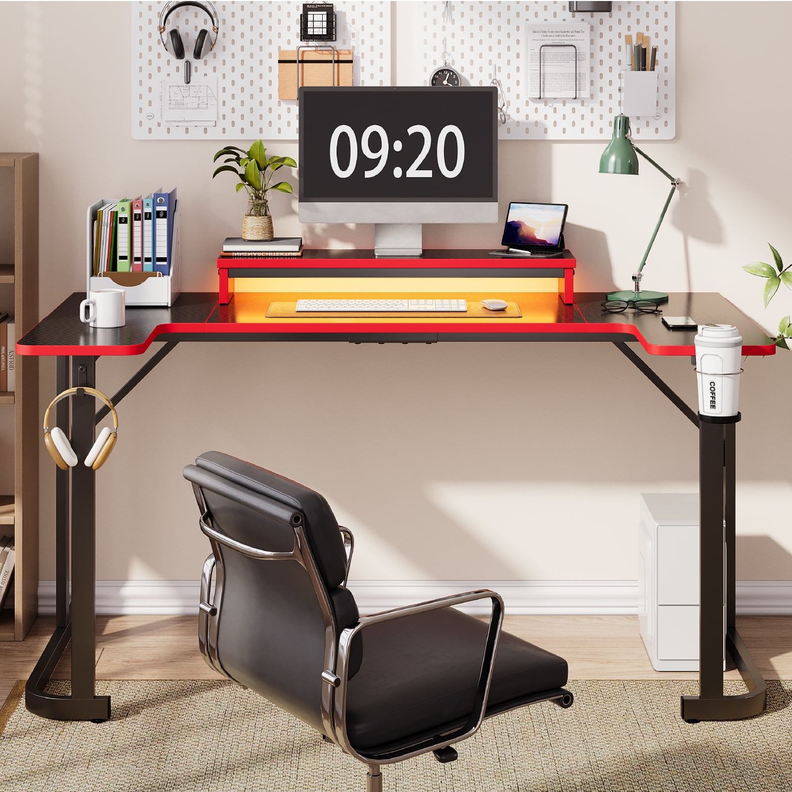 Bestier U-shaped Gaming Desk with Monitor Stand, LED Lights, Headphone Hooks, Cup Holder, 31.5 x 59 in, Carbon Fiber Black