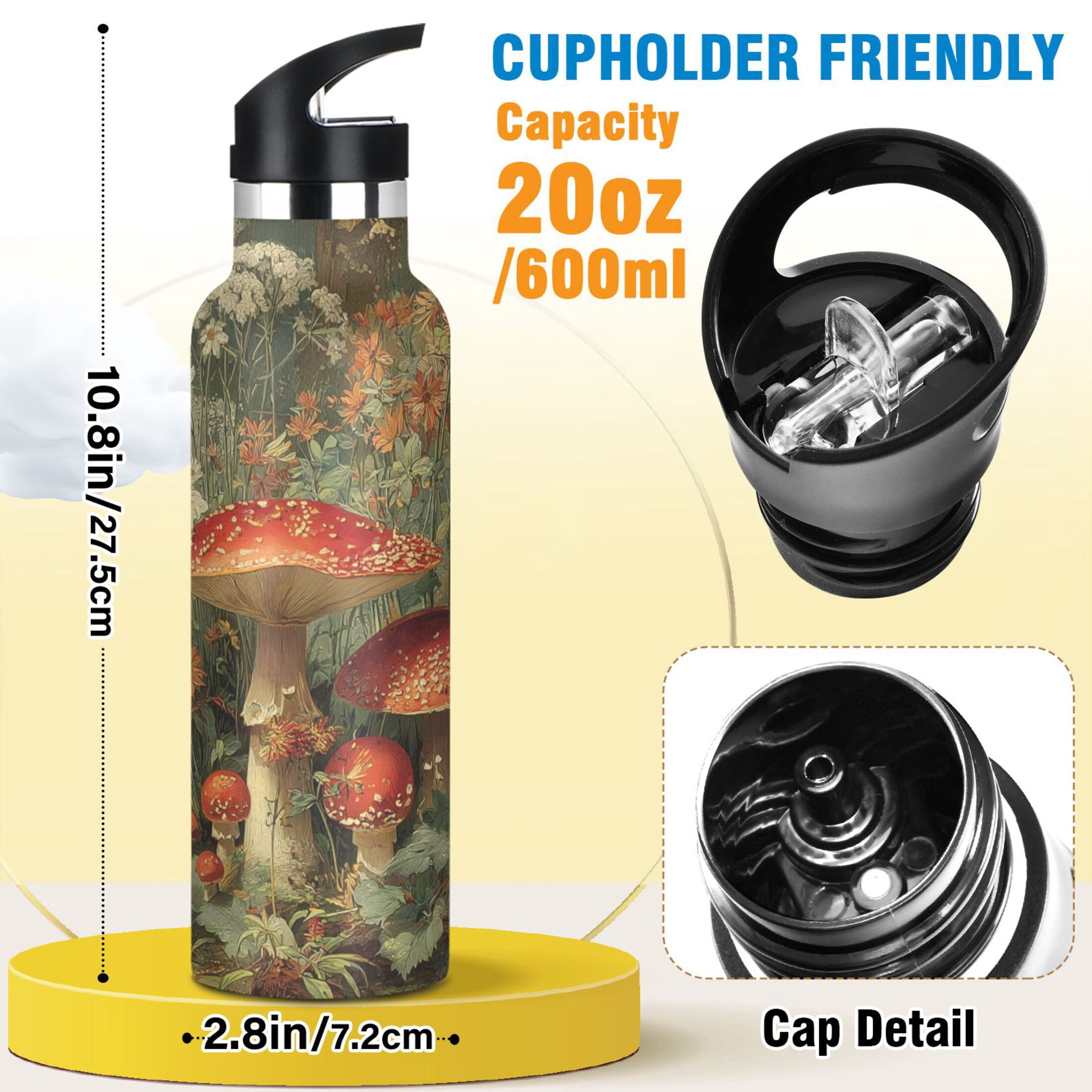 Kids Insulated Stainless Steel Sports Water Bottle 600ml (20oz) Red Mushrooms