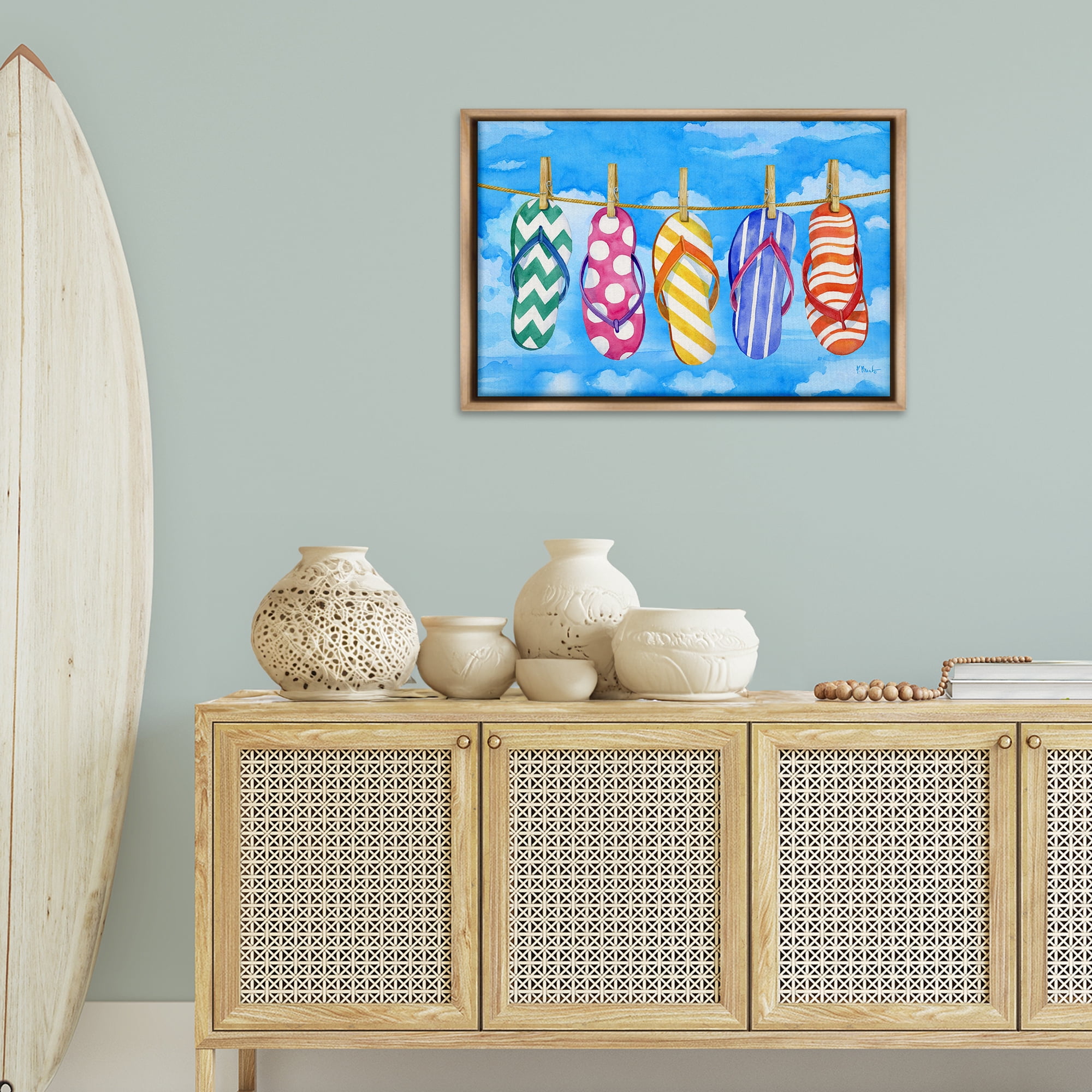 Stupell Industries Flip Flops on Clothesline Beauty & Fashion Painting Brown Floater Framed Canvas Art Print Wall Art, 31 x 21