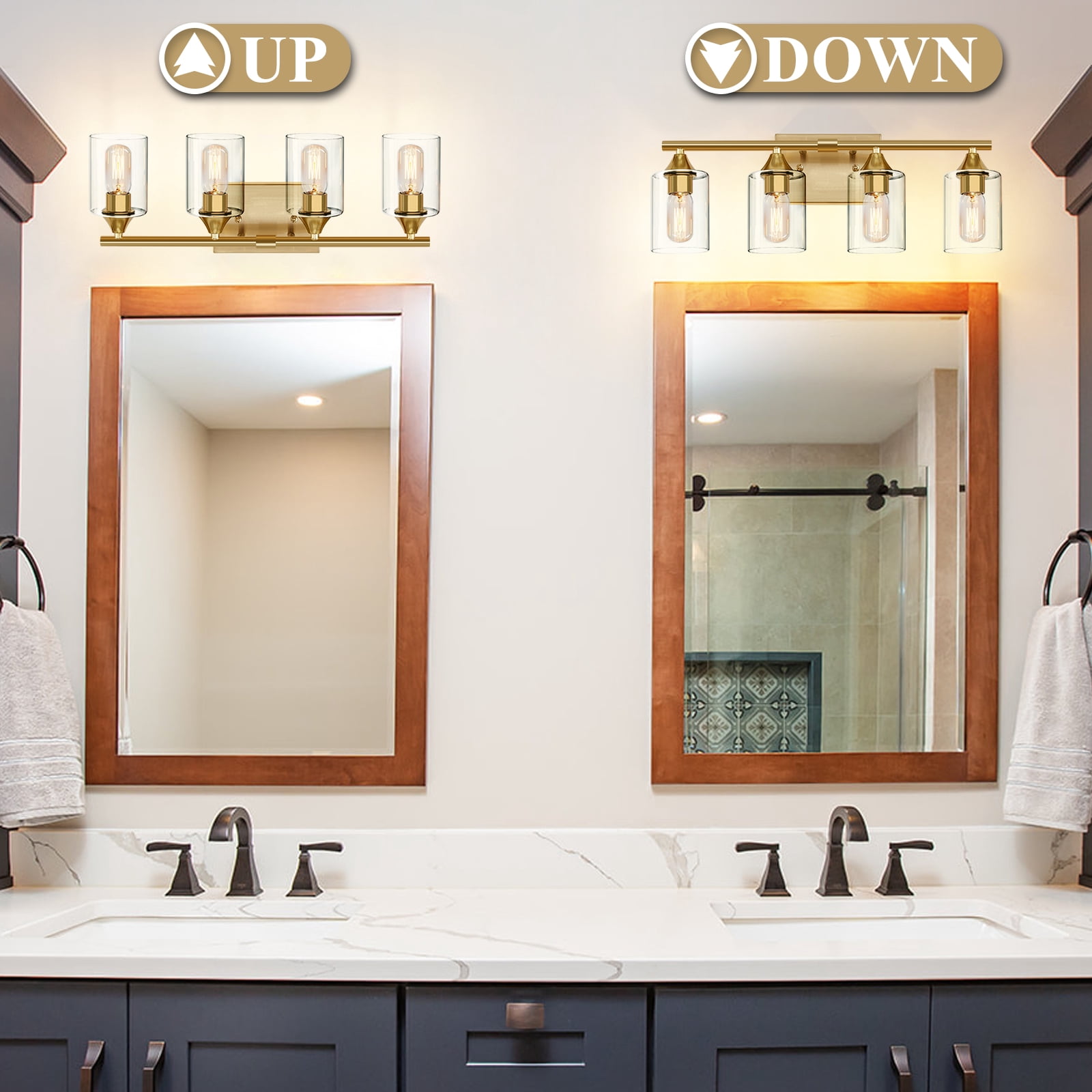 Bathroom Vanity Light 4 Light, Brushed Gold Metal with Clear Glass Shade for Bathroom Dressing Room, No Bulbs Included