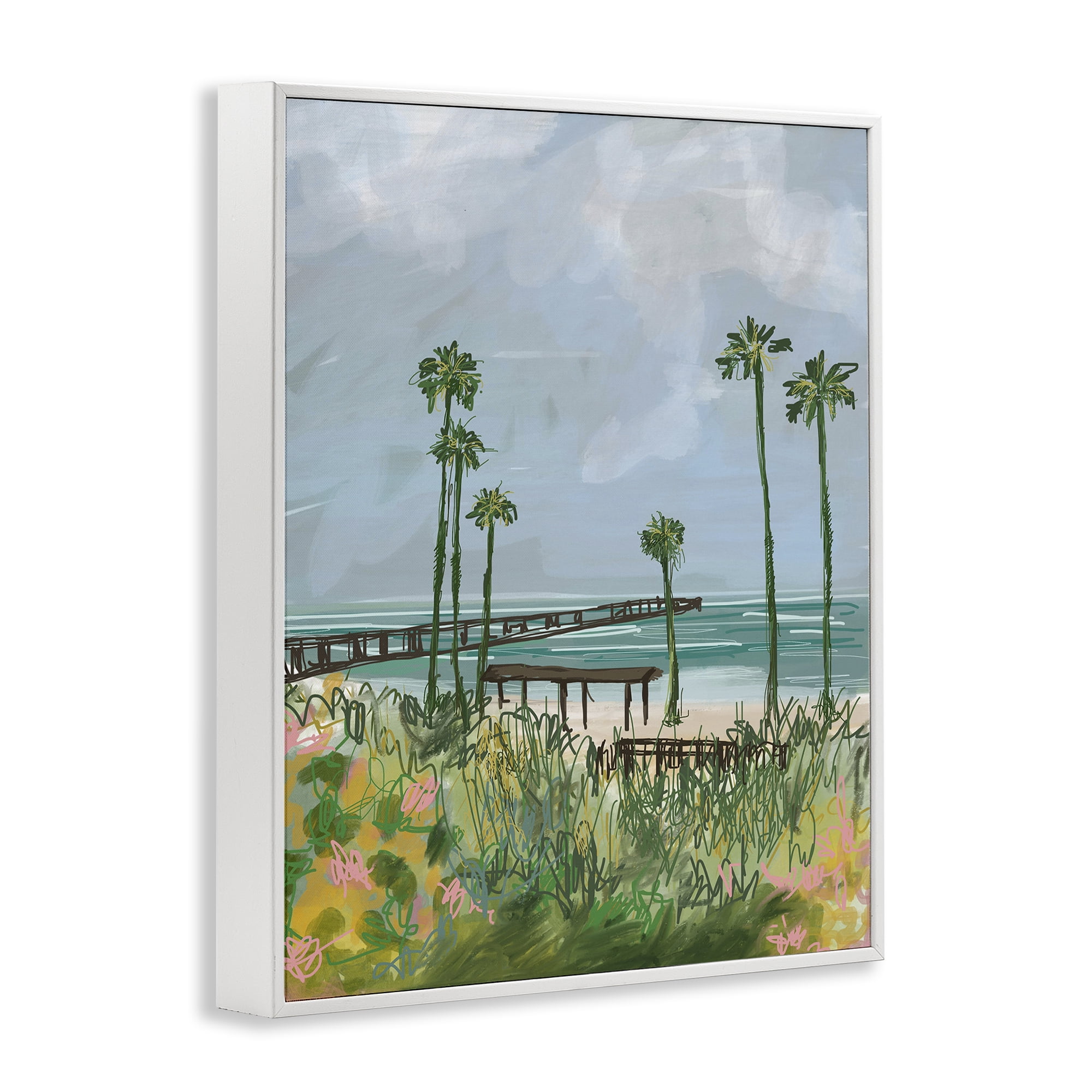 Stupell Industries Palm Trees Dock Scene Landscape Painting White Framed Art Print Wall Art, 16 x 20