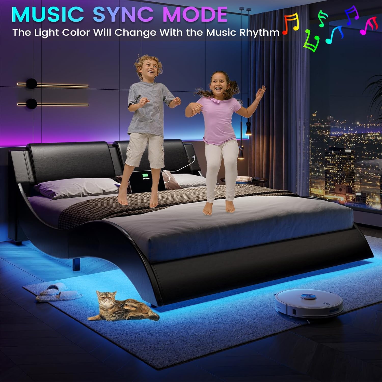 Queen Bed Frame with RGB Led Lights & Charging Ports,Modern Faux Leather Upholstered Platform Bed with Headboard Wave Like Curve Low Profile Bed,Wood Slats Support,Squeak Resistant,Black