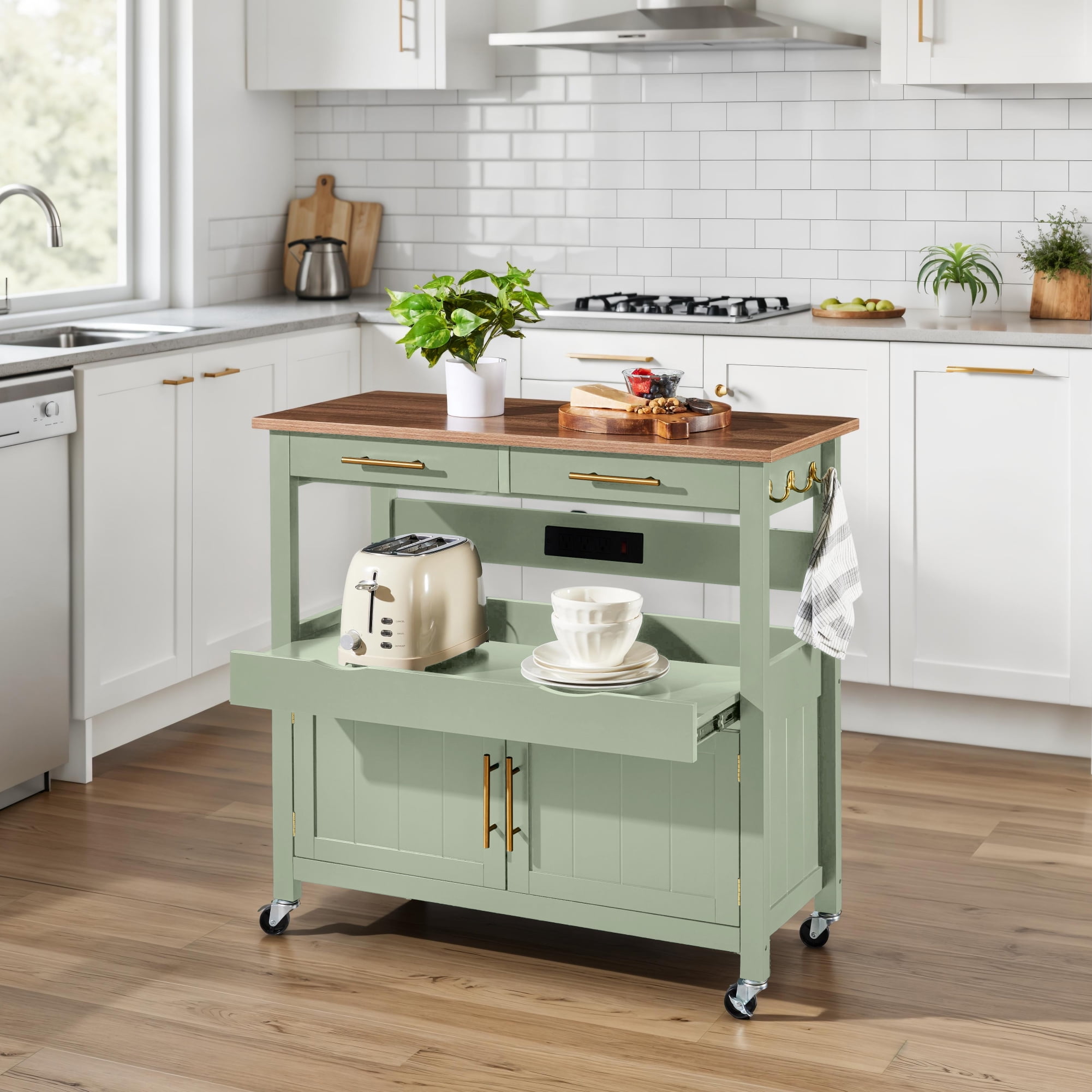 Best Choice Products 36in Large Rolling Kitchen Island Cart, 2-Door Cabinet, Outlet, Hooks, & Wheels - Pistachio Green