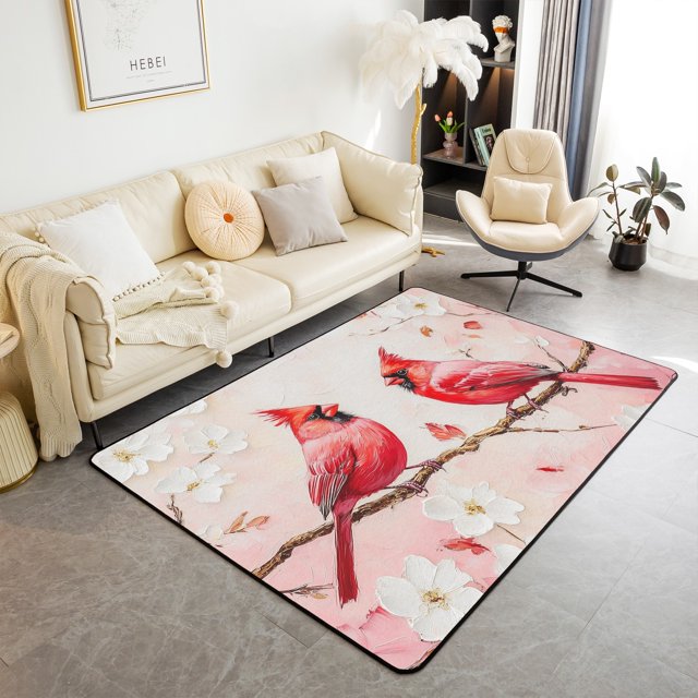 Erosebridal Cardinal Bird Area Rugs For Living Room 3x5,Red and Pink Bedroom Decor,Flower Room Decor