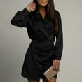 thumbnail image 6 of VEKDONE Women's Satin Dress Deep V Neck Long Sleeve Mini Dress Solid Color Lapel Knee Length Dresses Fashion Wrap Party Cocktail Dress Black L, 6 of 9