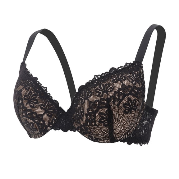 Hrsba Balconette Bra,Solid Color Lace Back Hook Closure Underwire Push Up Lifting Breathable Daily Wear Bra for Women