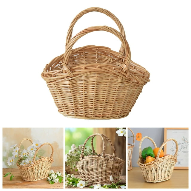 Handwoven Rattan Portable Garden Storage with Carrying Handles for Picnic Organizing and Vegetable Harvesting