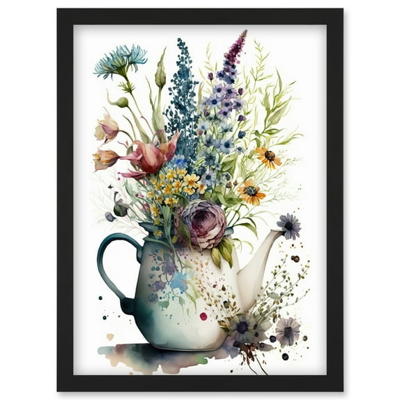 Spring Wildflower Floral Bouquet in a Teapot Vase Artwork Framed Wall Art Print A4
