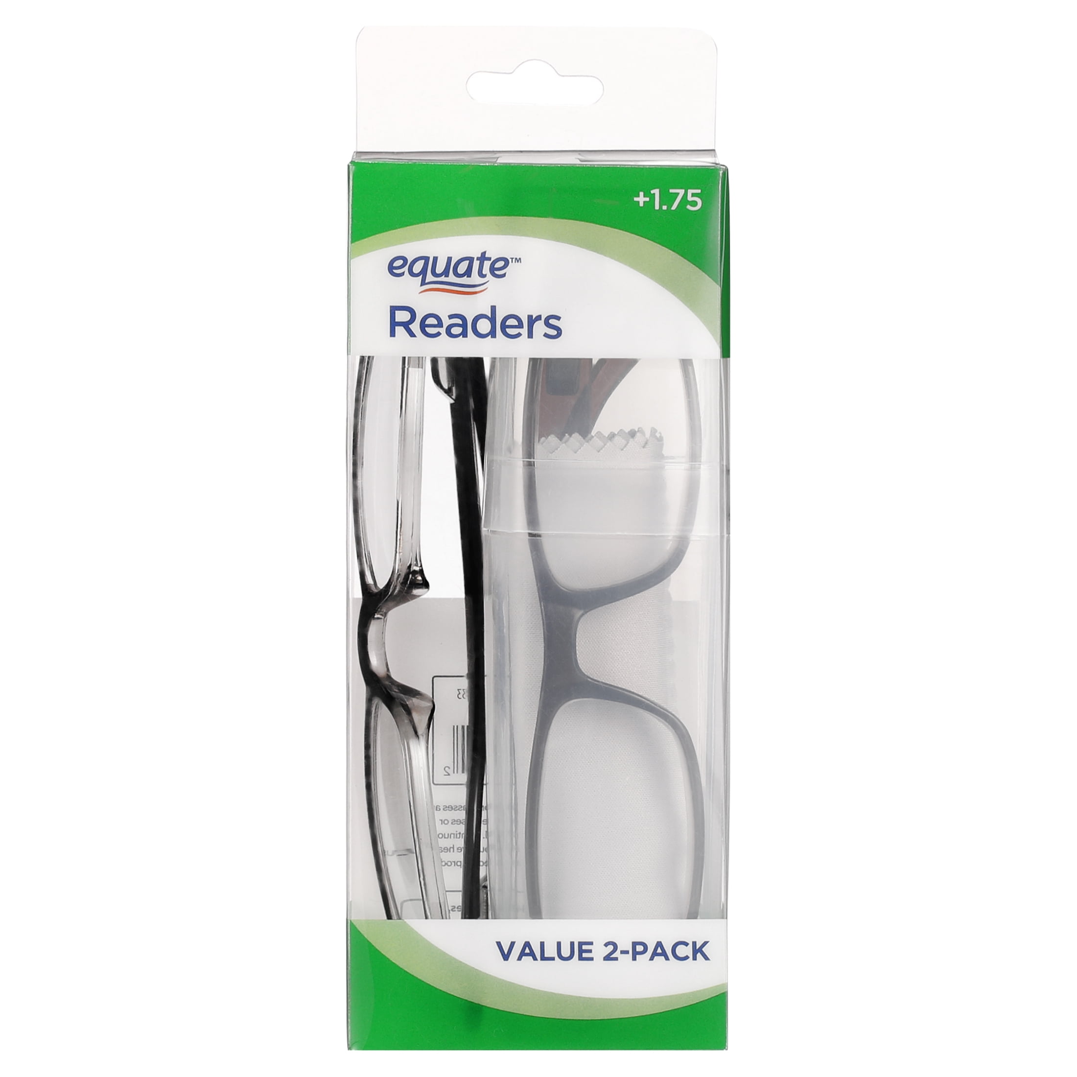 Equate Phoenix Value 2-Pack Unisex Rectangular Reading Glasses with Case, +1.75