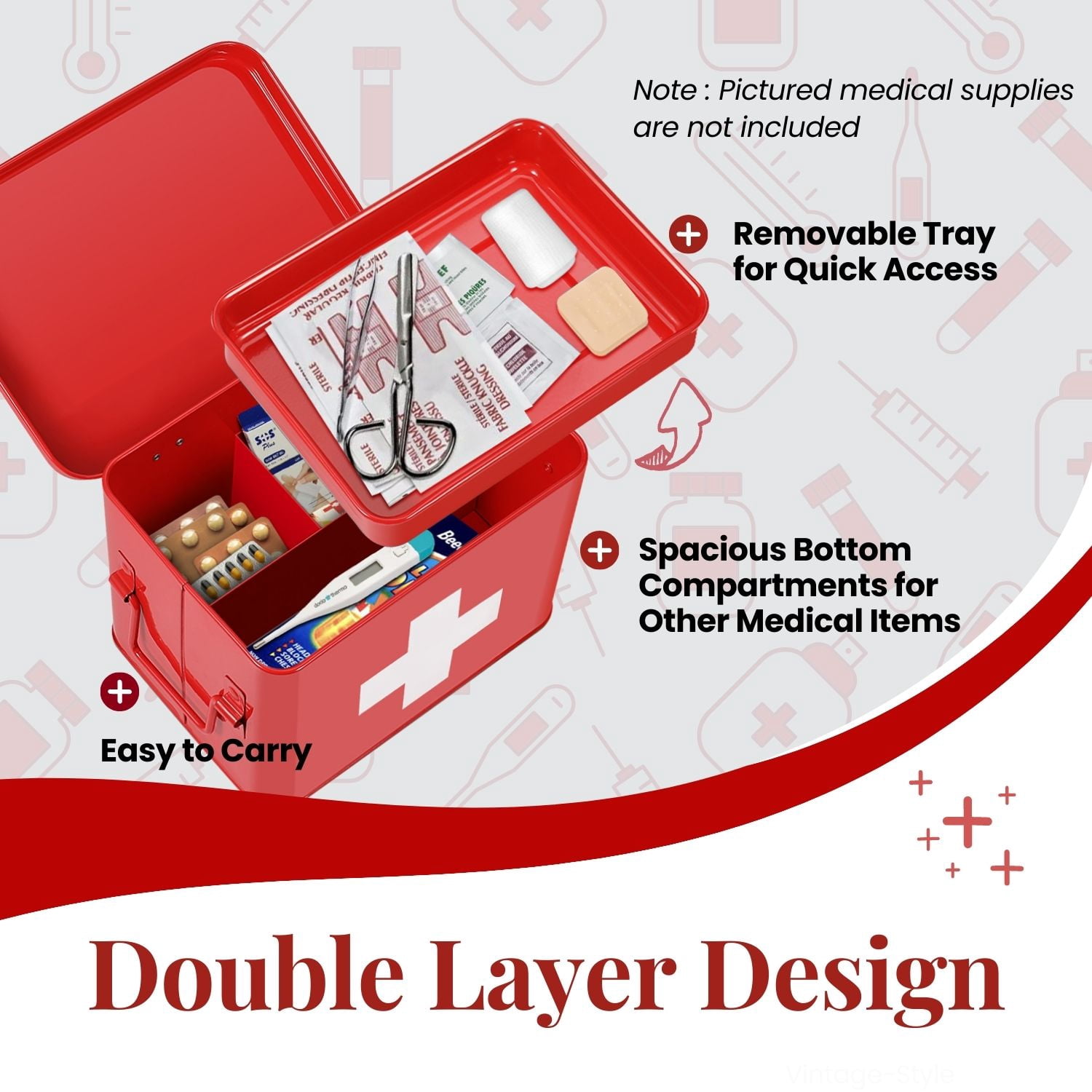 First Aid Medicine Box Supplies Kit Organizer - 8.6" Red Metal Tin Medic Bin Hard Case with Removable Tray, Handle, Storage Compartment, Vintage Antique Empty Boxes for Home Family Emergency Tool Set