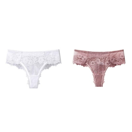 Lojoutye 2 Pack(White 1PCS & Pink 1PCS) Multipack Clothes for Women Thong Panties Lace Low-Waist Sheer Kimono for Women Underwear Women Lingerie