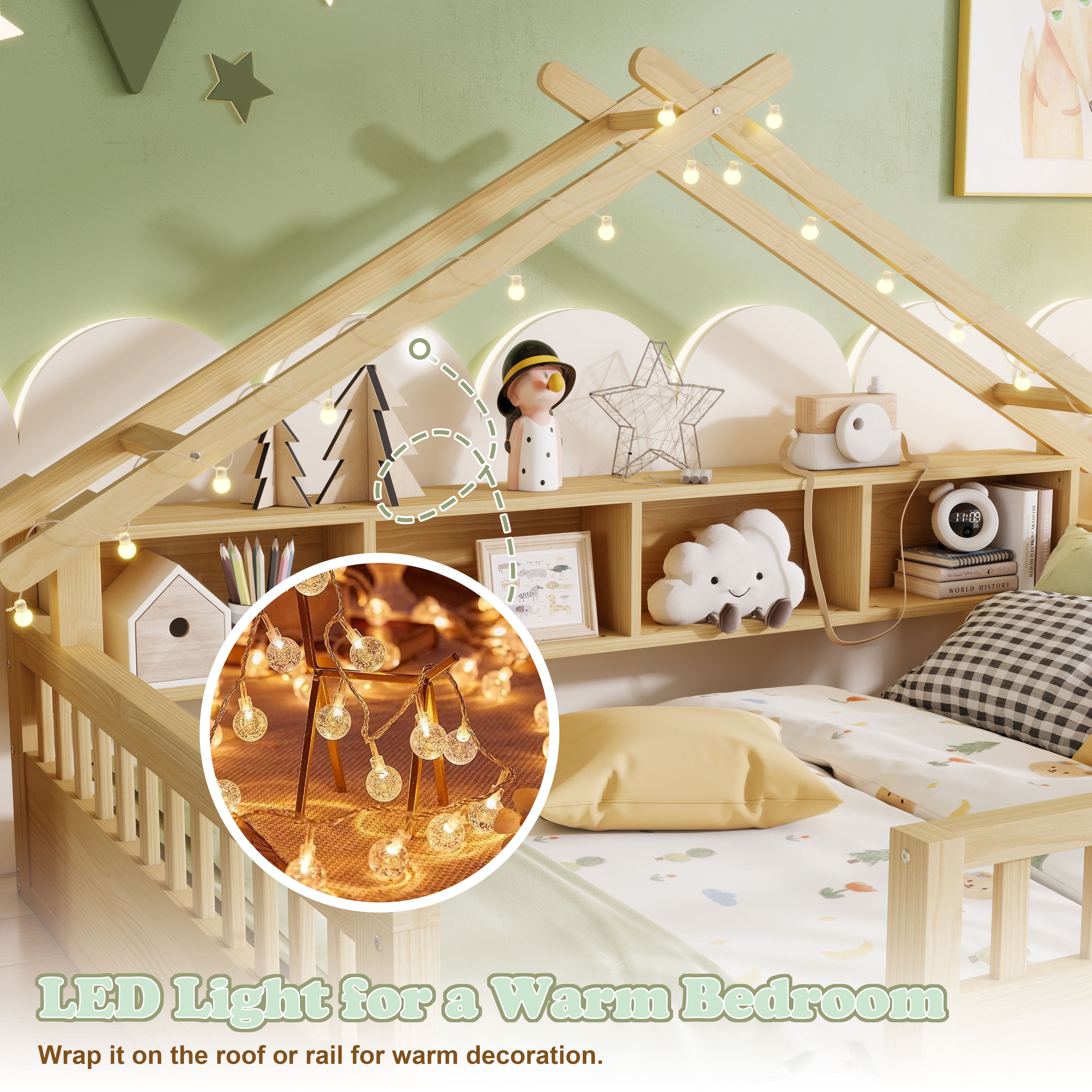 Mirightone Full Size Montessori Floor Bed with LED Light, Storage Bookcase & Safety Rail, Solid Pine Wood  House Floor Bed, No Box Spring Needed (Natural)